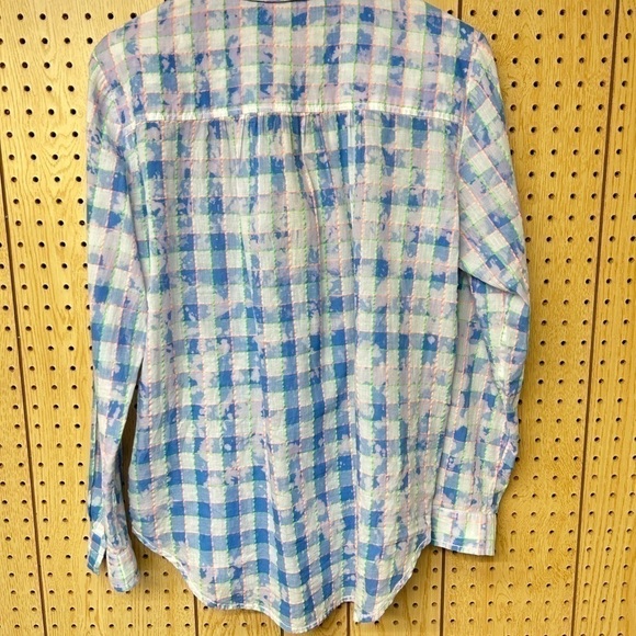 Anthropologie Pilcro and the Letterpress Blue Tie Dye Neon Plaid Button Down Top - Picture 7 of 7
